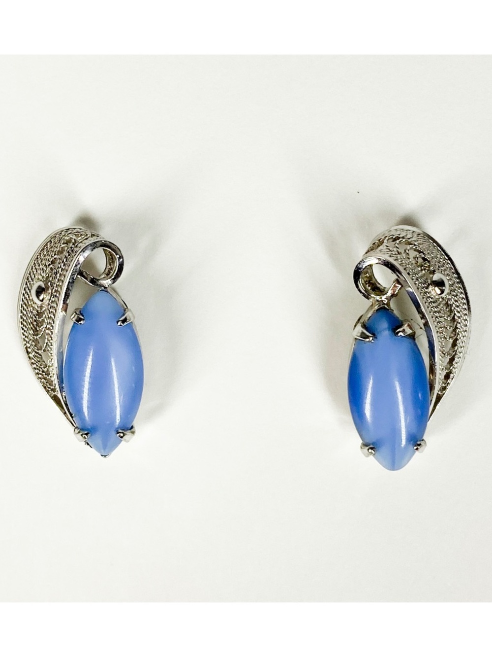 Silver Filigree Earrings with Blue Moonstone Cats Eye Opaline Vintage Retro